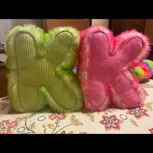 Justice Sequin Initial Pillows (2) “K” Green And Pink With Frosted Faux Fur